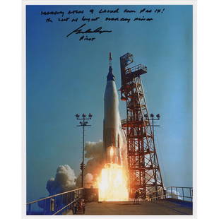 Gordon Cooper Signed Photograph: Crystal-clear color satin-finish 8 x 10 photo of the Mercury-Atlas 9 liftoff, signed in black felt tip, "Mercury Atlas 9 launch from Pad 14! The last and longest Mercury flight, Gordon Cooper,