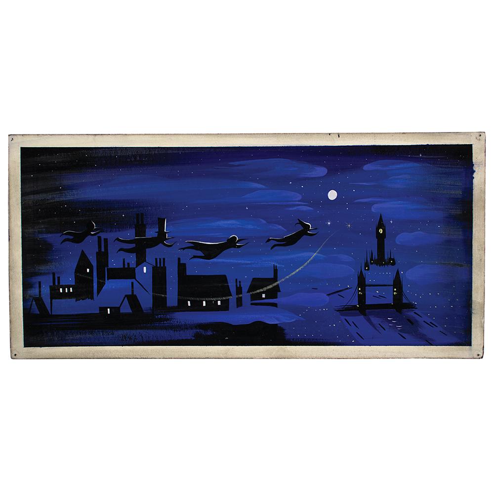 Mary Blair concept panorama storyboard painting from: (Walt Disney Studios, 1953) Wonderful original panoramic concept painting by Mary Blair of Peter Pan, Tinker Bell, Wendy, John, and Michael soaring over London en route to the island of Neverland. Acc
