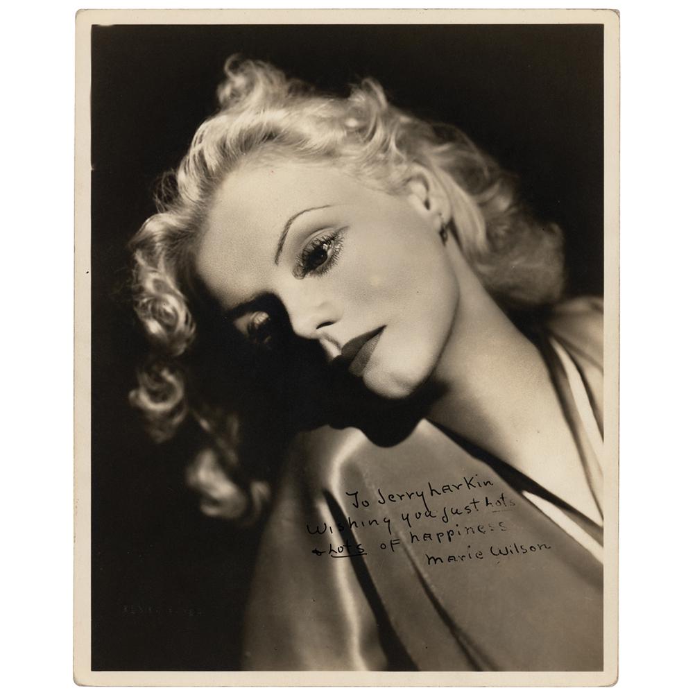 Marie Wilson Signed Photograph by Elmer Fryer: Vintage matte-finish 8 x 10 Elmer Fryer portrait of Wilson in stunning close-up, signed and inscribed in black ink, "To Jerry Larkin, wishing you just lots & lots of happiness, Marie Wilson.âS