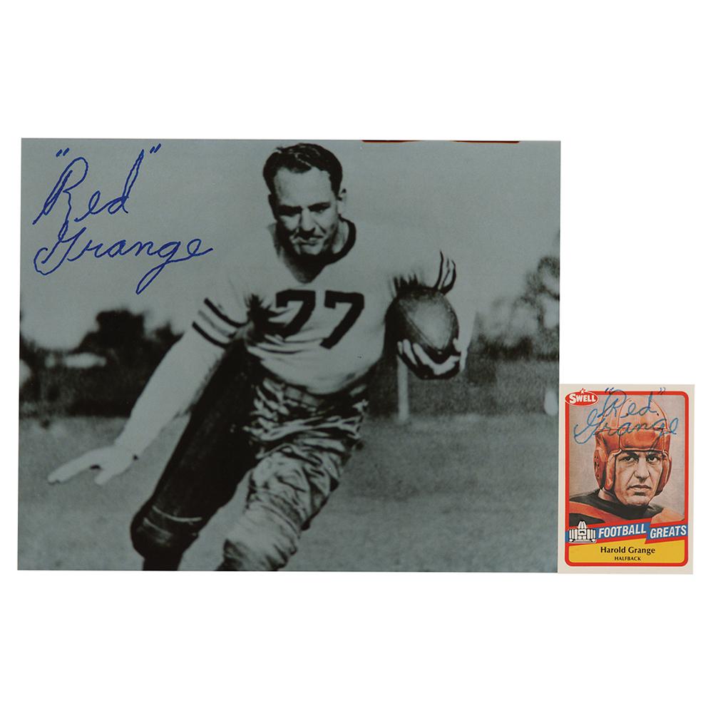 Red Grange (2) Signed Items: Two items signed by Grange: a glossy 10 x 8 photo of him carrying the football, signed in blue felt tip, "'Red' Grange"; and a 1989 Swell Football Greats card, signed in blue felt tip, "'Red' Grange."
