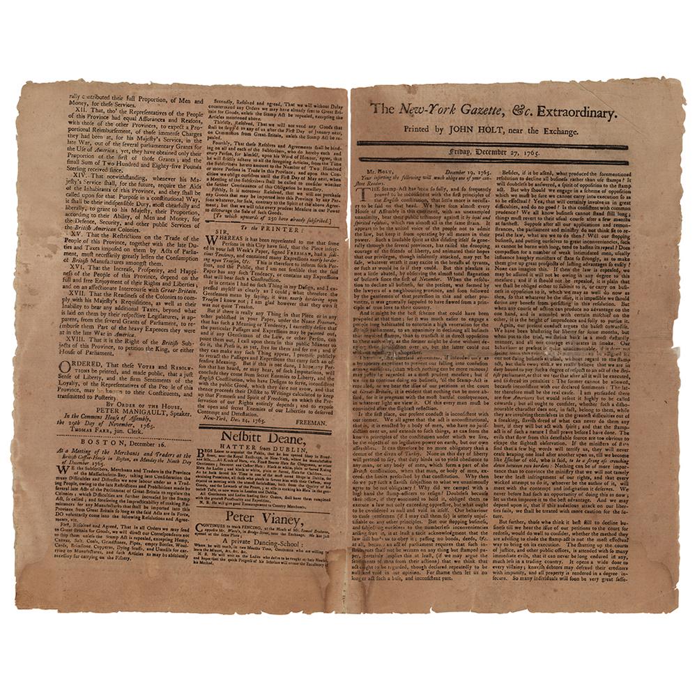 John Hancock: The New-York Gazette, &c. Extraordinary: Rare American Revolution-dated issue of The New-York Gazette, &c. Extraordinary from Friday, December 27, 1765, "Printed by John Holt, near the Exchange," 8.5 x 13.5, four pages on two adjoining sheet