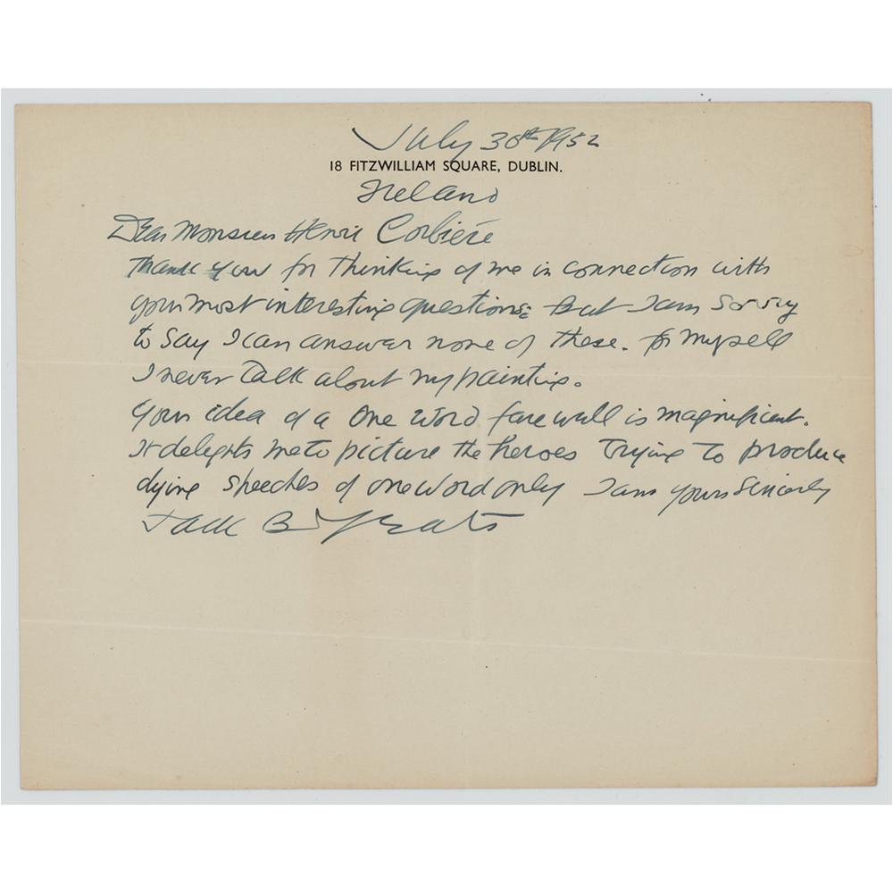 Jack Butler Yeats Autograph Letter Signed: Irish artist and Olympic medalist (1871-1957) who was the brother of poet W. B. Yeats. He holds the distinction of being Ireland's first medalist at the Olympic Games; at the 1924 Summer Olympics in P