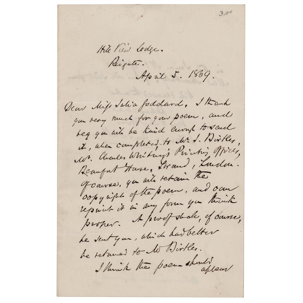 William Harrison Ainsworth Autograph Letter Signed: English historical novelist (1805-1882) remembered for his 1834 novel Rookwood, which features famed highwayman Dick Turpin as its leading character. ALS signed "W. Harrison Ainsworth," one page both