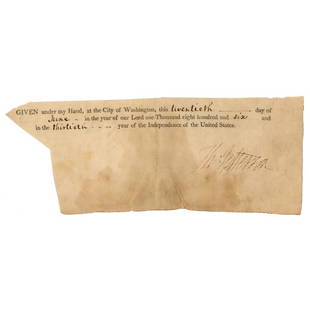 Thomas Jefferson Signature as President: Ink signature as president, "Th: Jefferson,” on an off-white 7.5 x 3 vellum sheet clipped from the close of a document dated to June 20, 1806. In very good condition, with creasing, staining,