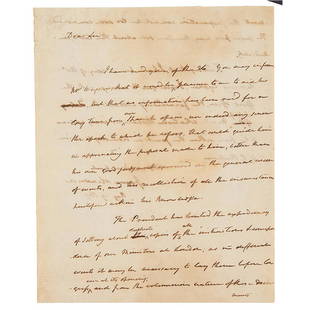 James Madison Autograph Letter Signed: ALS as Secretary of State, one page both sides, 7.75 x 9.5, August 29, 1807. Handwritten letter to Daniel Carroll Brent, requesting that he inform Jacob Wagner that there has been no communication