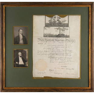 James Monroe and John Quincy Adams Document Signed as President and Secretary of State: Partly-printed vellum DS, signed “James Monroe” as president and “John Quincy Adams” as secretary of state, one page, 11 x 15, June 30, 1824. Scalloped-top ship's pass