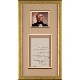 John Tyler Autograph Letter Signed as President: ALS as president, one page, 5 x 8, no date. Handwritten letter to Secretary of War John Bell, in full: “Will you at some moment of leisure give to Mr. Woodside an interview, or what might be