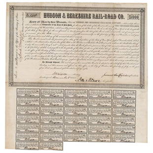 Millard Fillmore Signed Bond: Partly-printed DS, one page, 14 x 14.75, December 8, 1848. Bond of the Hudson & Berkshire Rail-Road Co. for $1000, boldly signed at the conclusion in ink by Fillmore as Comptroller of New York.