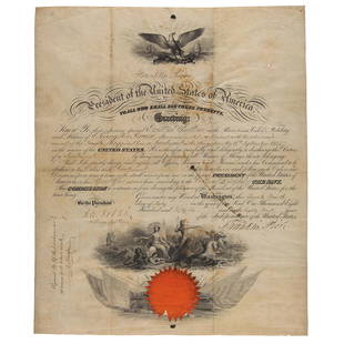 Franklin Pierce Document Signed as President: Partly-printed vellum DS as president, one page, 14.75 x 17.75, July 24, 1856. President Pierce appoints S. Livingston Breese as "a Lieutenant in the Navy." Signed at the conclusion by President