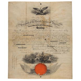 Franklin Pierce Document Signed as President: Partly-printed vellum DS as president, one page, 14.75 x 17.75, July 24, 1856. President Pierce appoints S. Livingston Breese as "a Lieutenant in the Navy." Signed at the conclusion by President