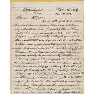 Andrew Johnson Autograph Letter Signed: ALS, four pages both sides, 7.75 x 9.75, February 9, 1851. Letter to his close friend and confidant Sam Milligan, marked "Confidential," concerning his upcoming battle in the Congressional election,