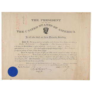 William McKinley Document Signed as President: Partly-printed DS as president, one page, 21 x 16, July 14, 1898. President McKinley appoints Arthur M. Edwards as a "First Lieutenant of Infantry, in the service of the United States." Signed at the