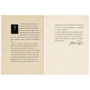 William H. Taft Signed Lincoln Memorial Speech: Typed manuscript signed "Wm. H. Taft," two pages, 6.5 x 9, on stationery imprinted with a bust photograph of Taft in judicial robes on the first page, no date. Souvenir typescript of part of