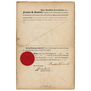 Franklin D. Roosevelt Document Signed as President: Uncommon partly-printed DS as president, one page both sides, 9 x 13.5, July 8, 1939. President Roosevelt pardons a Prohibition violator, in part: "Albert A. Reading was convicted in the United