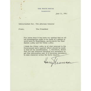 Harry S. Truman Typed Letter Signed as President: TLS as president, one page, 6.75 x 8.75, White House letterhead, June 11, 1951. Letter to Attorney General J. Howard McGrath, in full: "For some time it has been my opinion that an all out