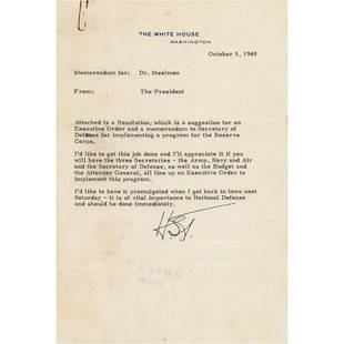 Harry S. Truman Typed Letter Signed as President: TLS as president signed “H.S.T.,” one page, 6.25 x 9.25, White House letterhead, October 5, 1948. Memorandum issued to Dr. Steelman regarding the set up of a reserve military program. In