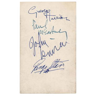 Beatles Signed Promo Card: Rare October 1962 first issue Parlophone Records promo card, 3.5 x 5.75, showing the Beatles posing together behind their instruments, crisply and neatly signed on the reverse in blue fountain pen by