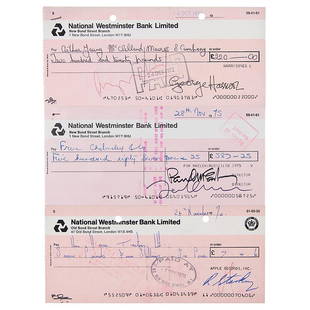 Beatles (3) Signed Checks: Super desirable set of three 7.75 x 3.5 National Westminster Bank Limited checks signed by the Beatles: A Maclen (Music) Ltd. business check, filled out in another hand and signed in felt tip by