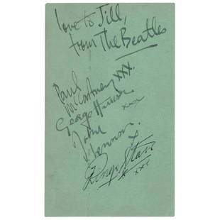 Beatles Signatures: Vintage light green 3 x 5 card signed and inscribed in fountain pen, “Love to Jill, from The Beatles, Paul McCartney, xxx,” “George Harrison, xxx,” and “John Lennon,