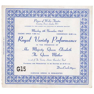 Beatles 1963 Royal Variety Performance Concert Ticket Stub: Rare large format 6.25 x 5.5 ticket stub for the infamous appearance of the Beatles at the Prince of Wales Theatre in London on November 4, 1963, for a royal variety performance before Queen