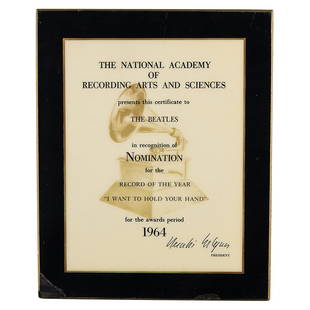 Beatles 1964 'I Want to Hold Your Hand' Grammy Nomination Plaque: Historic Grammy nomination plaque, 8.5 x 10.5, presented by the National Academy of Recording Arts and Sciences "to The Beatles in recognition of Nomination for the Record of the Year, 'I Want to