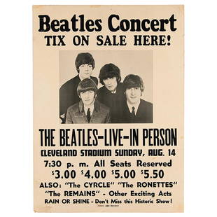 Beatles 1966 Cleveland Stadium Concert Poster: Extremely rare original 14.5 x 20 cardstock concert poster for the Beatles' show at Cleveland Stadium in Ohio on August 14, 1966, headed: "Beatles Concert, Tix On Sale Here!" The poster features