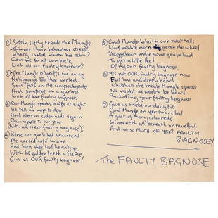 John Lennon Handwritten Poem from 'A Spaniard in the Works': Supremely rare circa 1965 handwritten poem by John Lennon entitled "The Faulty Bagnose," one page, 10 x 7, published in his second book of nonsense poetry and prose, A Spaniard in the Works. This is