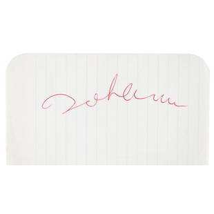 John Lennon Signature: Attractive red ballpoint signature, "John Lennon,” on an off-white 5 x 3 notebook page. In very fine condition. Originates from the collection of an avid Philadelphia collector who obtained