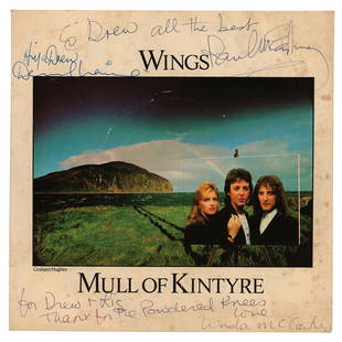 Paul McCartney and Wings Signed 45 RPM Record: MPL/EMI 45 RPM record for the Wings single ‘Mull of Kintyre / Girls School,’ signed and inscribed on the front cover in ballpoint, “To Drew, all the best, Paul McCartney,”