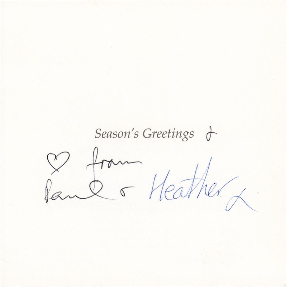 Paul McCartney Signed Christmas Card: Circa 2000s Christmas card with front bearing an angelic painting by John Atkinson Grimshaw, measures 9.75 x 4.75 open, signed inside in black ballpoint by Paul McCartney, “[heart] from Paul &am