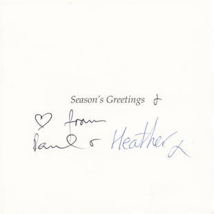 Paul McCartney Signed Christmas Card: Circa 2000s Christmas card with front bearing an angelic painting by John Atkinson Grimshaw, measures 9.75 x 4.75 open, signed inside in black ballpoint by Paul McCartney, “[heart] from Paul