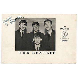 George Harrison Signed Oversized Promotional Card: Original circa 1963 oversized Parlophone Records promotional card of the Beatles wearing matching dark suits, 7.5 x 5, signed on the front next to his image in blue ballpoint, “George