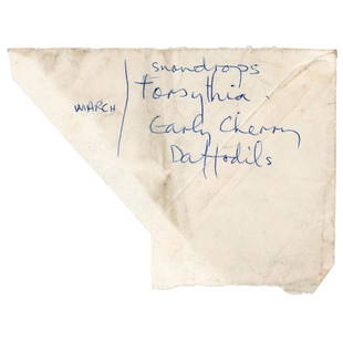 Paul McCartney Handwritten List of Flowers: Handwritten list by Paul McCartney, unsigned, dated to the 1980s, penned in blue ballpoint on a 4.5 x 3.25 piece of envelope. McCartney writes “March” on the left, and then adds a group