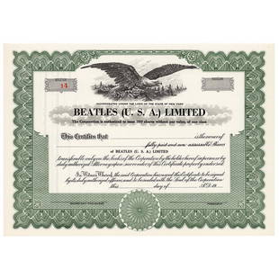 Beatles 1964 Stock Certificate: Blank original stock certificate for "Beatles (U.S.A.) Limited," one page, 11 x 7.75, no date but circa 1964, marked as "Number 14." Established in 1964 to oversee the Beatles' business affairs