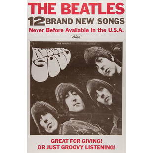 Beatles 1965 Capitol Records Promotional Poster for Rubber Soul: Original color 22 x 34 Capitol Records promotional poster for the Beatles 1965 album Rubber Soul, which shows the album’s iconic font cover between bold red and black text: “The Beatles,