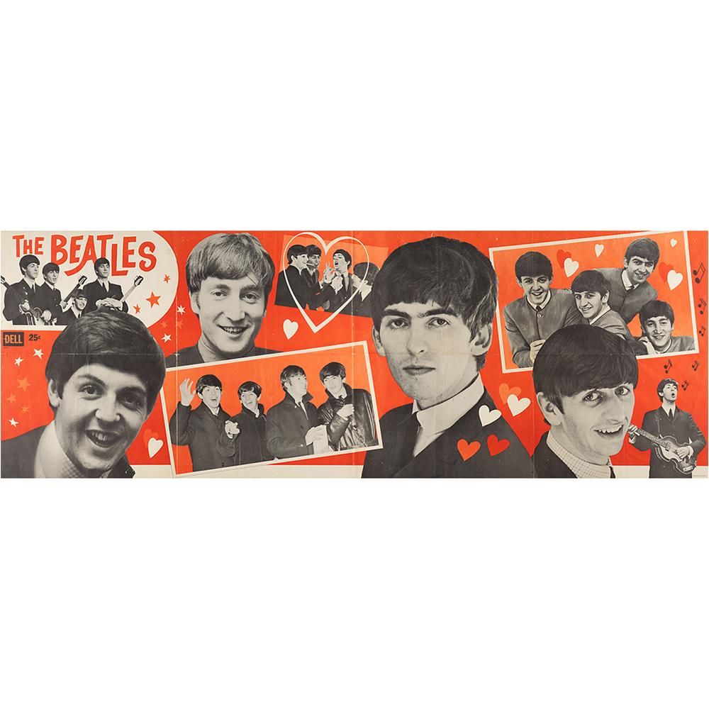 Beatles 1960s Dell Publishing Poster: Large red, black, and white poster of The Beatles published in the U.S.A. by Dell, 53 x 18.75, featuring huge headshots of each band member as well as several group photos. In very good to fine condit