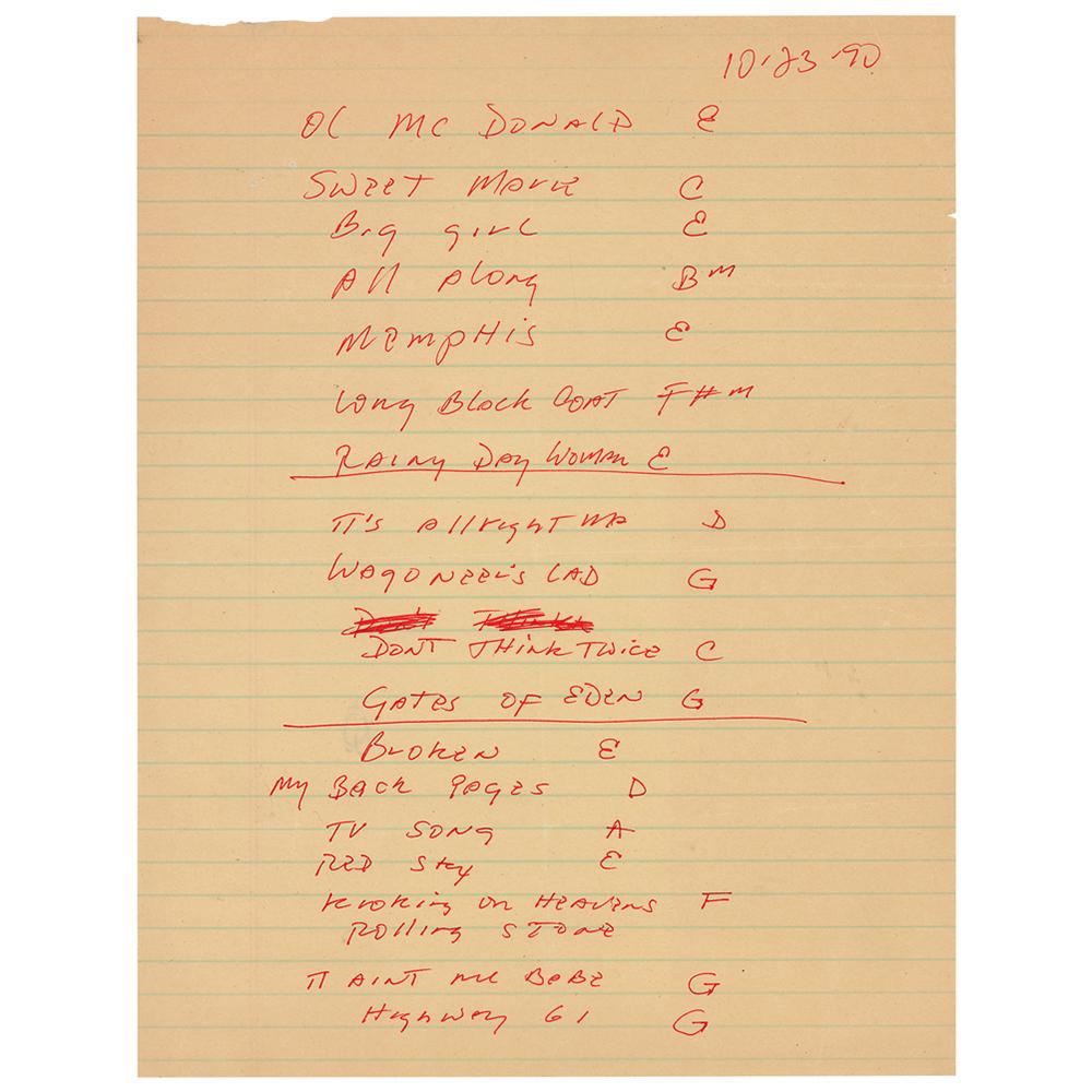 Bob Dylan Handwritten Set List: Rare handwritten set list by Bob Dylan for his show at the Municipal Auditorium in Charleston, West Virginia, on October 23, 1990, one page, 8.5 x 11, listing the nineteen songs he performed along wit
