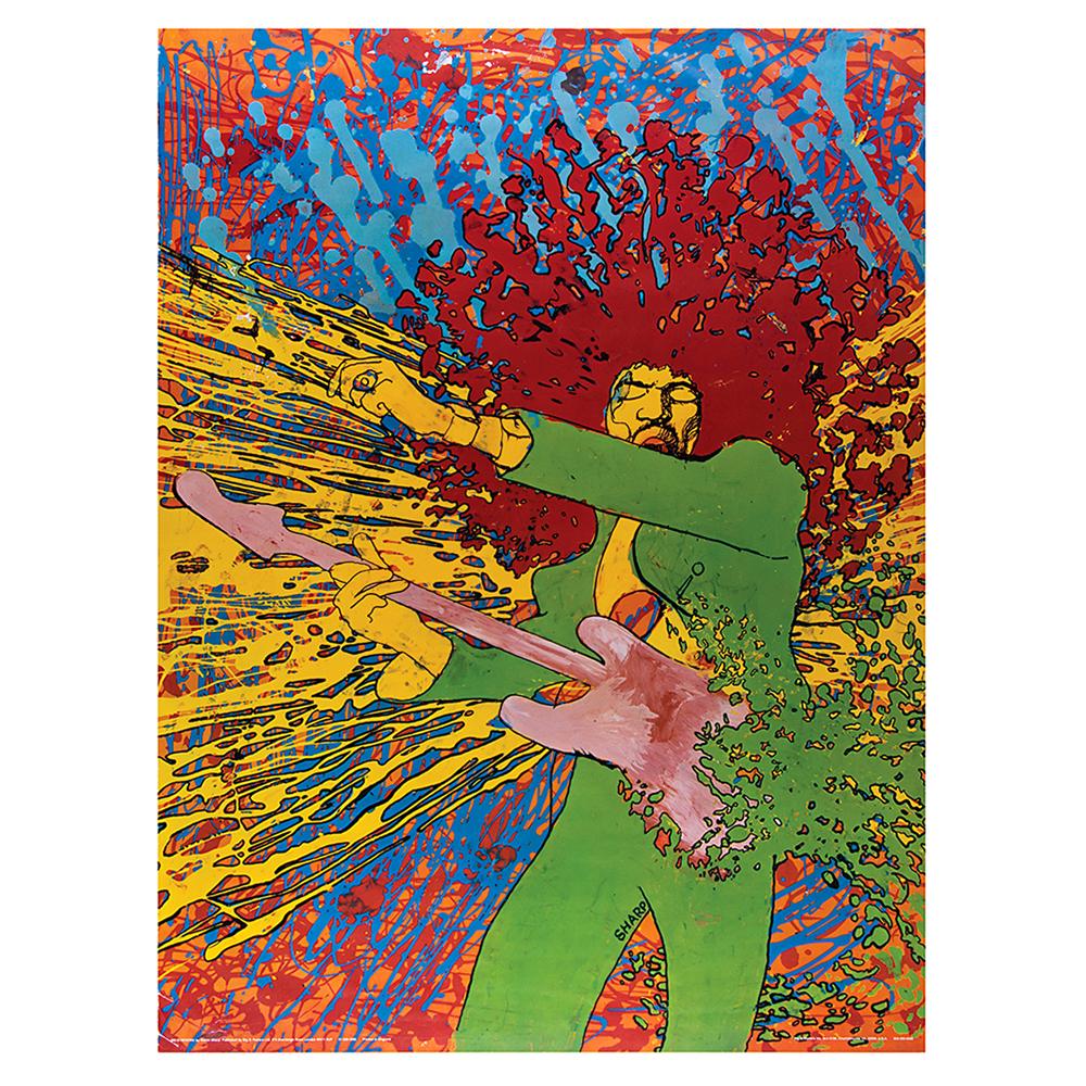 Jimi Hendrix: Martin Sharp 'Explosion' Poster: Original color 27.5 x 36.75 Big O Posters Inc. poster of a painting by Australian artist Martin Sharp of Jimi Hendrix entitled 'Explosion,' which shows a raucous detonation of bright psychedel