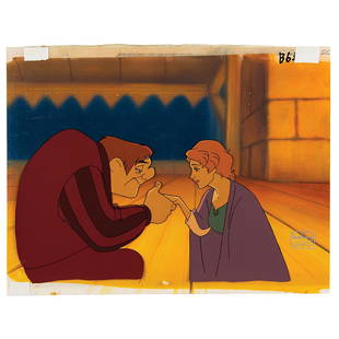 Quasimodo and girl production key master background set-up from The Hunchback of Notre Dame II: (Walt Disney Studios, 2002) Original production key master background set-up featuring Quasimodo holding a girl&#39;s hand from The Hunchback of Notre Dame II, the direct-to-video sequel of the 1996 D