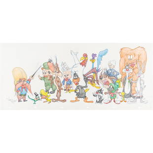 Looney Tunes panorama drawing by Virgil Ross: (Warner Brothers Studios, 1990s) Original super-pan drawing by Virgil Ross featuring classic Looney Tunes characters Yosemite Sam, Michigan J. Frog, Speedy Gonzales, Elmer Fudd, Wile E. Coyote, Porky