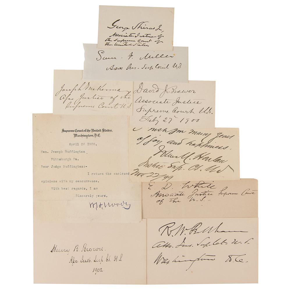 Fuller Court (9) Signed Items: Group of nine items signed by associate justices of the Fuller Court, primarily including signatures on individual slips and cards. Includes: John Marshall Harlan, George Shiras, Samuel F. Miller, Dav