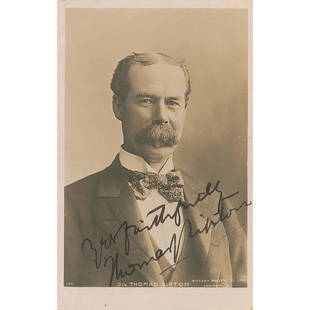 Thomas Lipton Signed Photograph: Merchant and yachtsman (1848-1931) who created the Lipton tea brand and was the most persistent challenger in the history of the America's Cup. Vintage matte-finish 3.25 x 5.25 postcard photo of L