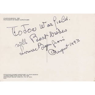 Louise Bourgeois Signed Postcard: French-American artist (1911-2010) best known for her large-scale sculpture and installation art, which touched on themes including domesticity and the family, sexuality and the body, and death and th