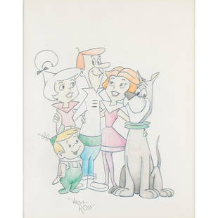 Virgil Ross Original Drawing of The Jetsons: Wonderful original drawing by Virgil Ross of the Jetsons, signed below in pencil by Ross. Accomplished in graphite and colored pencil on an off-white 9.5 x 12 sheet, which is double-matted and framed