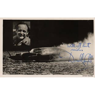 Donald Campbell Signed Photograph: English high-speed racer (1921-1967) who broke eight absolute world speed records on water and on land in the 1950s and 1960s, and remains the only person to set both world land and water speed record