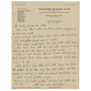 George Washington Carver Autograph Letter Signed: ALS signed “G. W. Carver,” one page, 8.5 x 11, Tuskegee Normal and Industrial Institute letterhead, April 5, 1934. Handwritten letter to his friend Paul R. Miller, a plant pathologist and