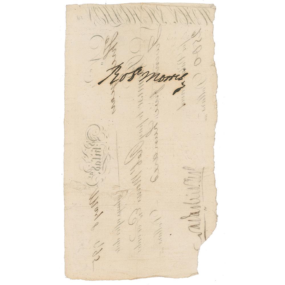 Robert Morris Document Signed: Important financier who signed the Declaration of Independence, Articles of Confederation, and Constitution (1734-1806). Partly-printed DS, signed on the reverse, “Rob't Morris,” one p