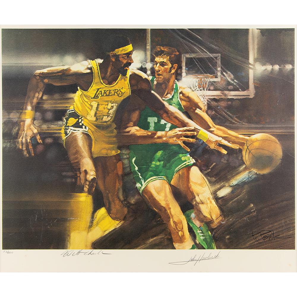 Wilt Chamberlain and John Havlicek Signed Print: Limited edition color 20 x 16.5 lithograph of a stylized depiction of Wilt Chamberlain and John Havlicek competing on the hardwood by Bob Peak, numbered 53/1000, signed in the lower border in pencil b