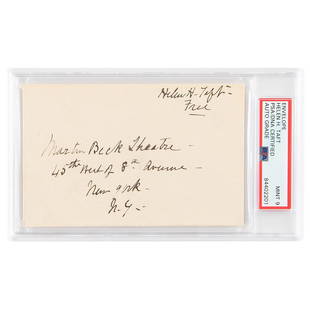 Helen Taft Signed Free Frank - PSA MINT 9: Hand-addressed mailing envelope, 5.25 x 3.5, filled out by Helen Taft, who addresses the envelope to the “Martin Beck Theatre, 45th West of 8th Avenue, New York, N.Y.,” and adds her franki
