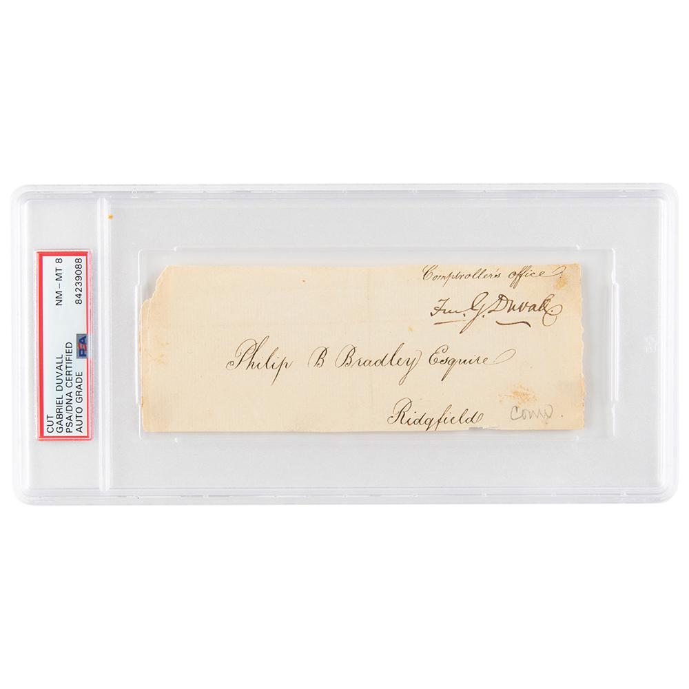 Gabriel Duvall Signed Free Frank - PSA NM-MT 8: American politician and jurist (1752-1844) who served as an Associate Justice of the Supreme Court of the United States from 1811 to 1835, during the Marshall Court. Previously, Duvall was the Comptro